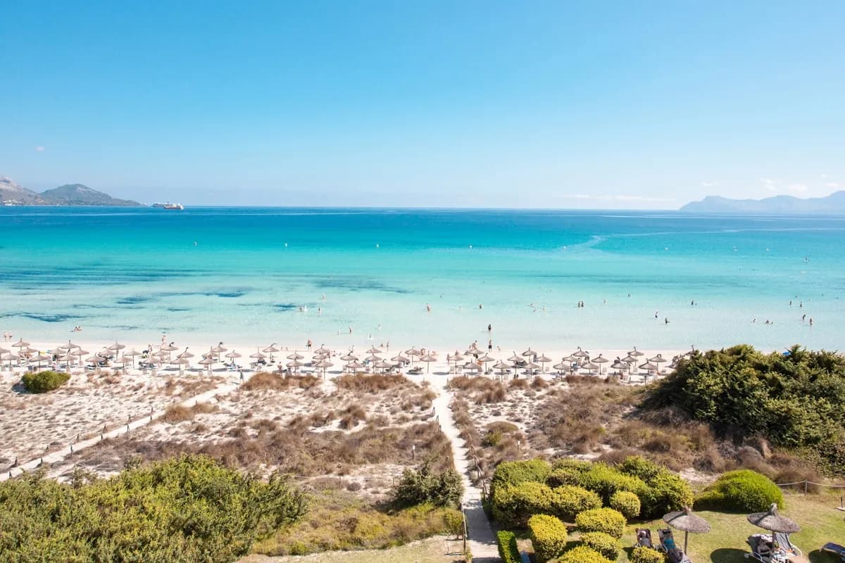 Sandy beach and turquoise sea in front of Grupotel Port d'Alcúdia in Alcúdia