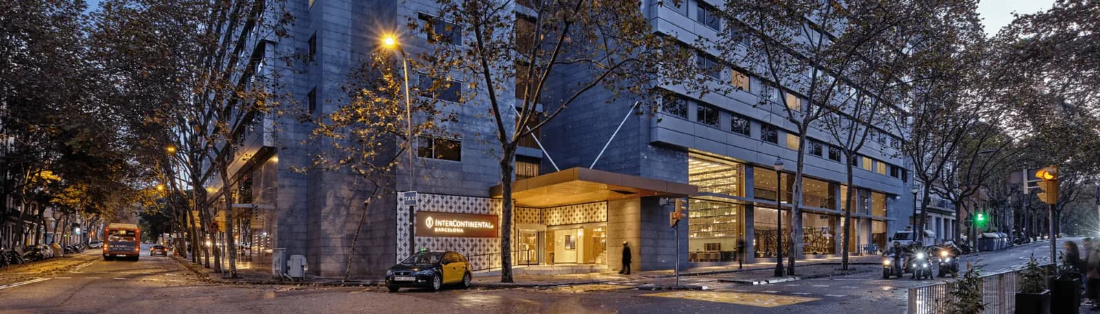 InterContinental Barcelona facade at night on the street in Barcelona