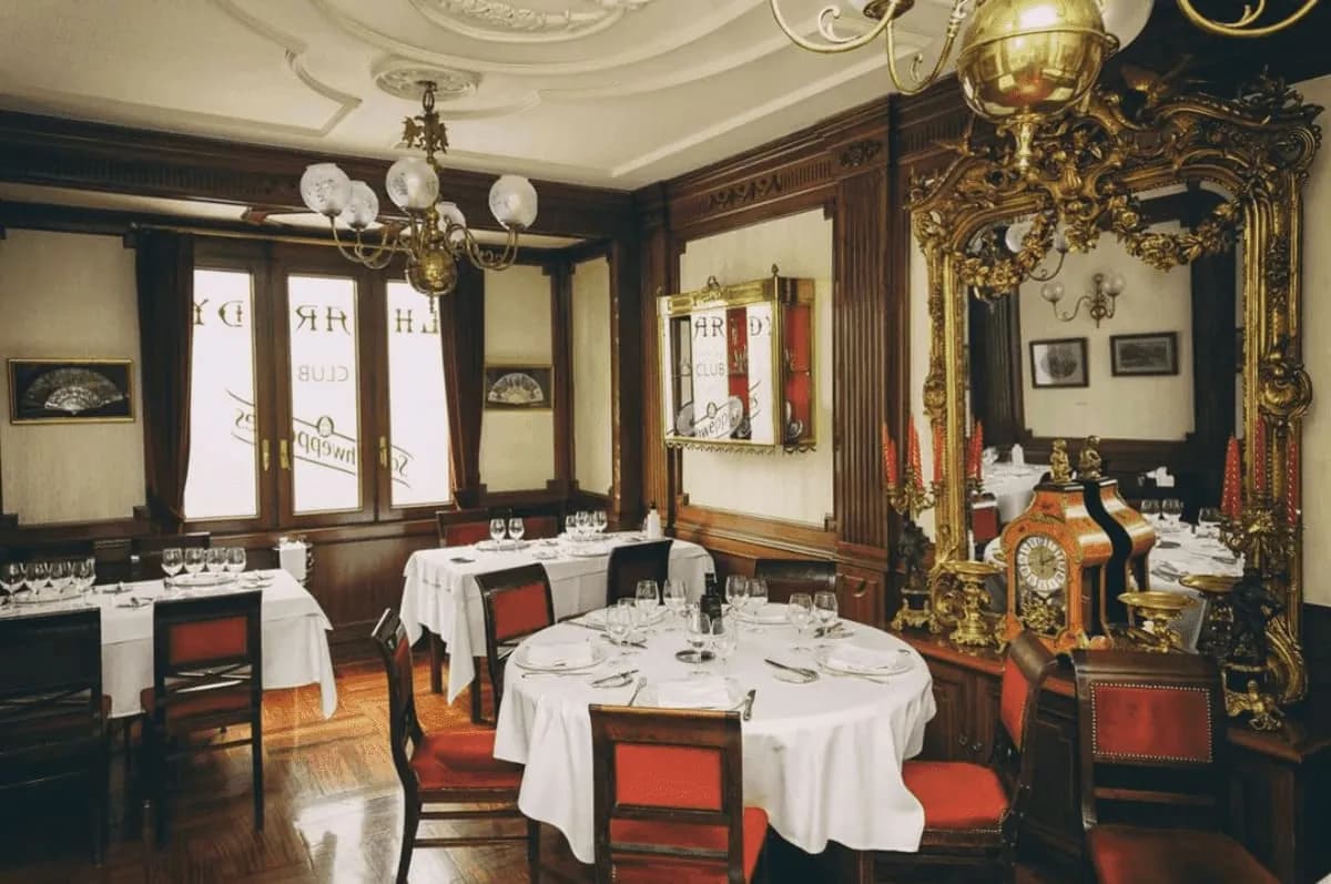 Historic dining room of Lhardy restaurant in Madrid with gilded chandeliers