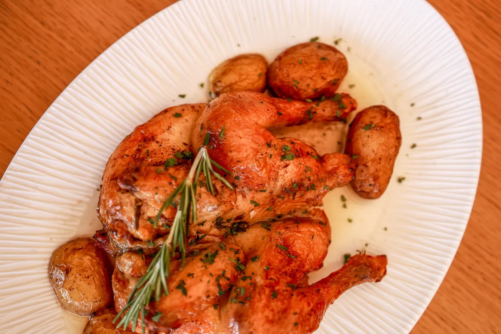 Roast chicken with potatoes and rosemary served at Martínez restaurant in Barcelona