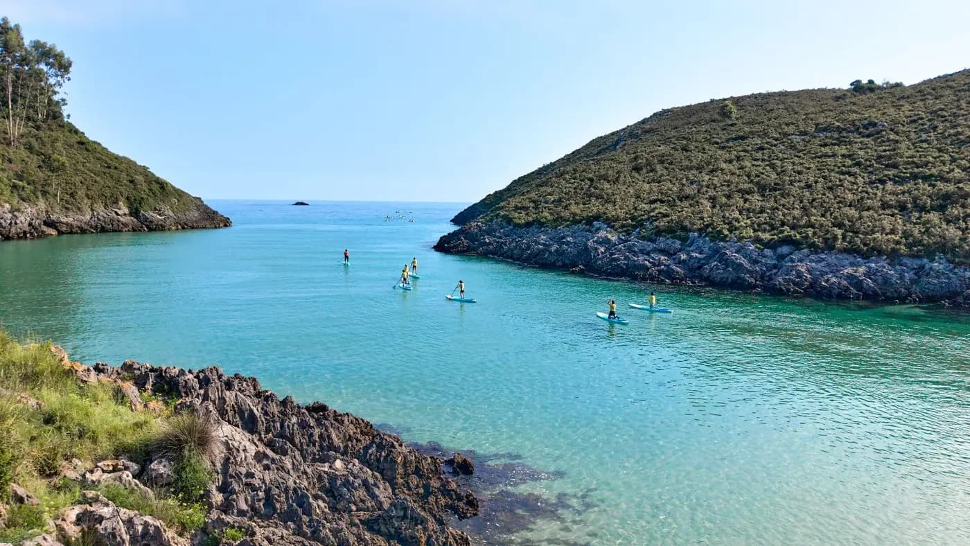 Groep stand-up paddlers in een kalme turquoise baai tussen heuvels
