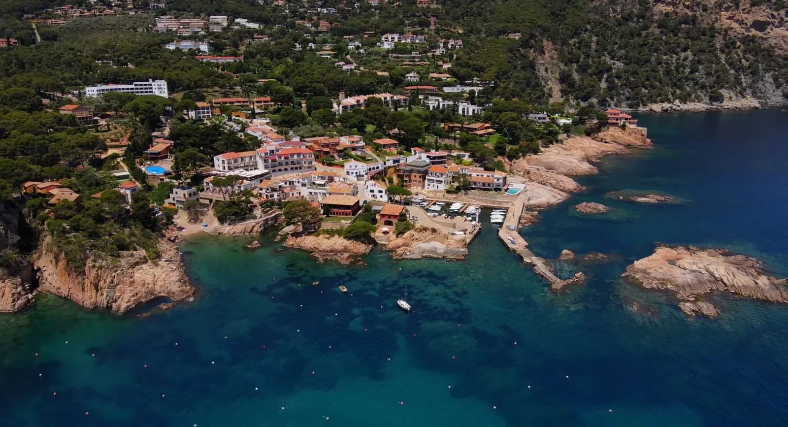 Aerial view of the Aiguablava bay where Hotel Aigua Blava stands in Begur