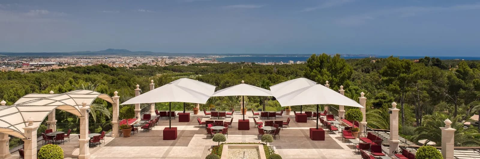 Panoramic terrace of Castillo Hotel Son Vida overlooking Palma bay