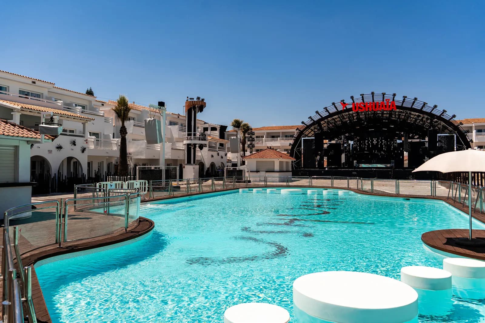 Pool and stage at Ushuaïa Ibiza Beach Hotel in Playa d'en Bossa, Ibiza