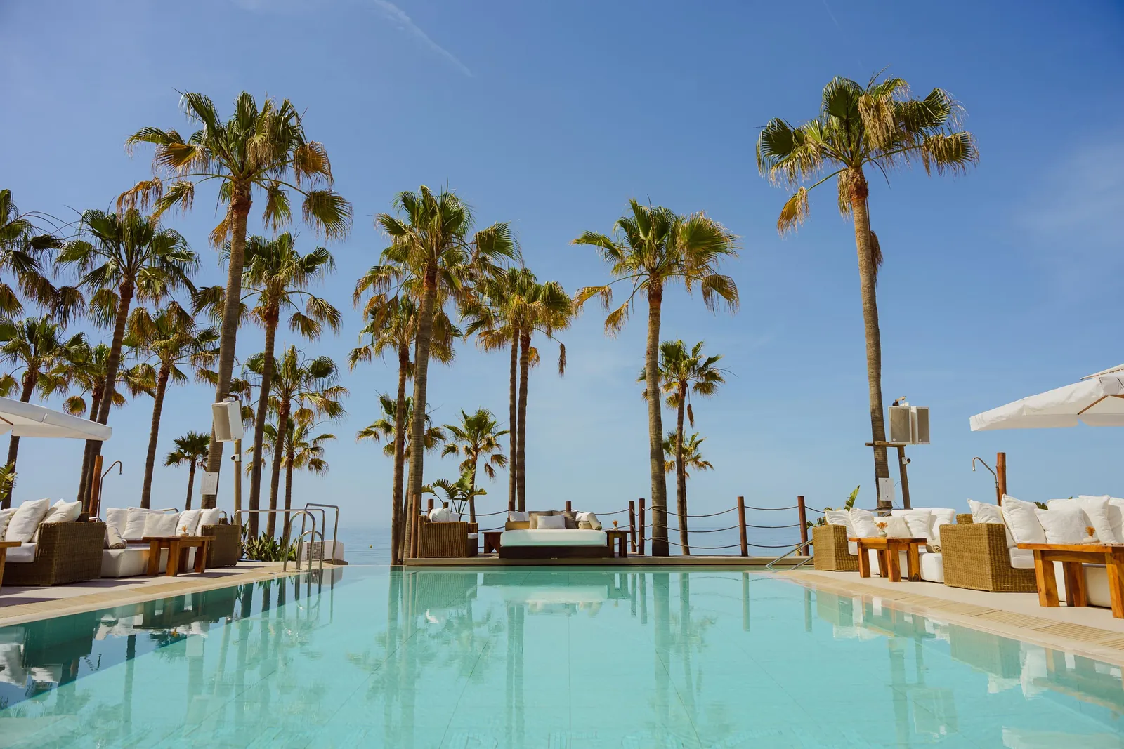 Nikki Beach Marbella pool lined with palm trees facing the sea