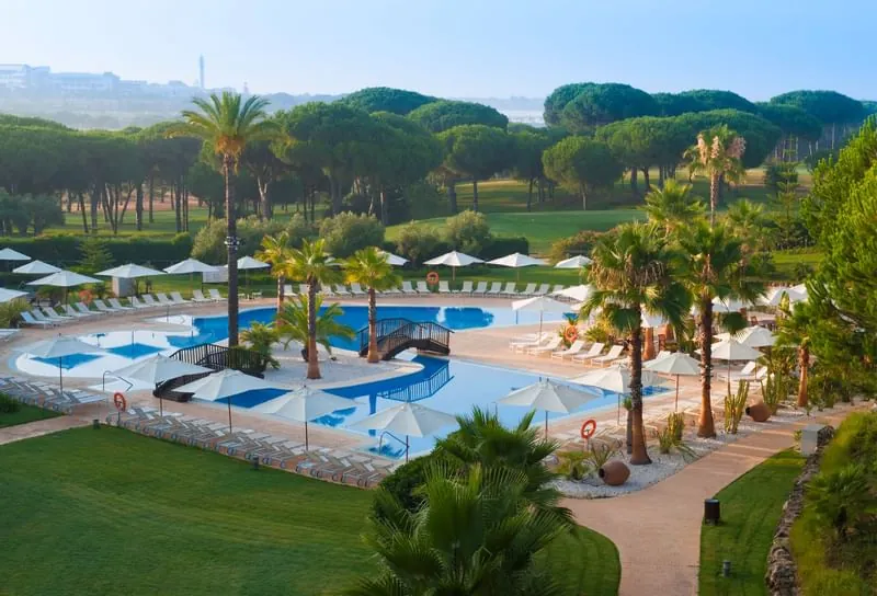 Large outdoor pool surrounded by pines in El Rompido