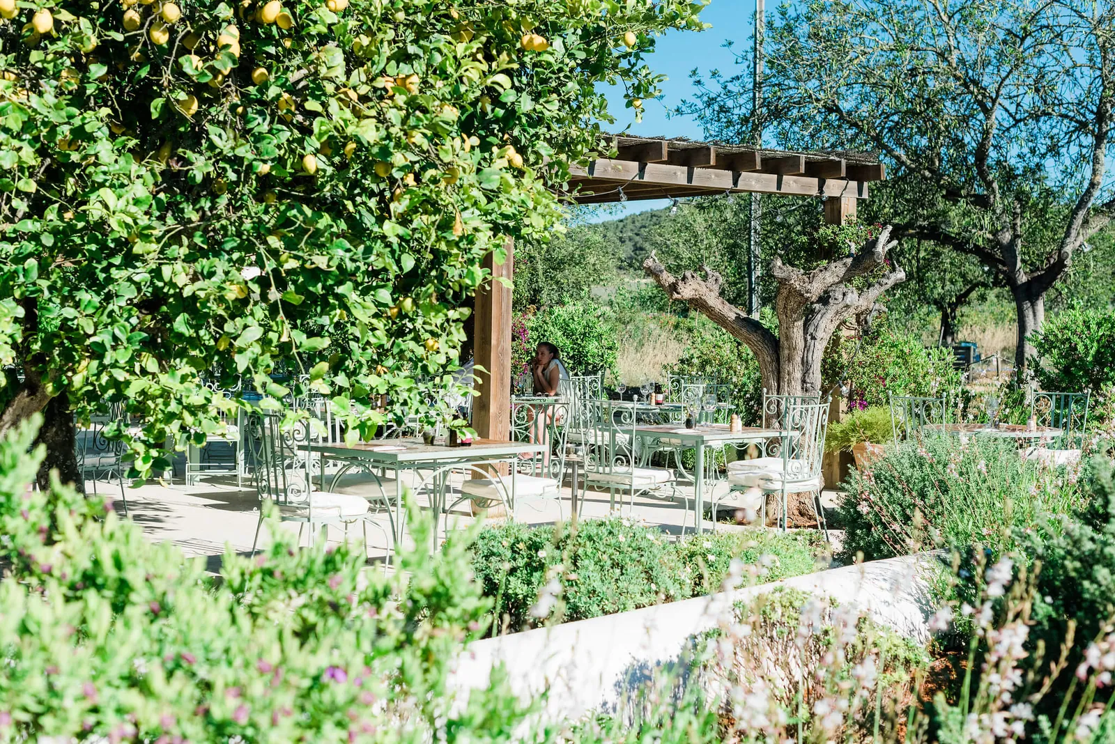 Shaded terrace under a pergola with tables and chairs at Aubergine by Atzaró