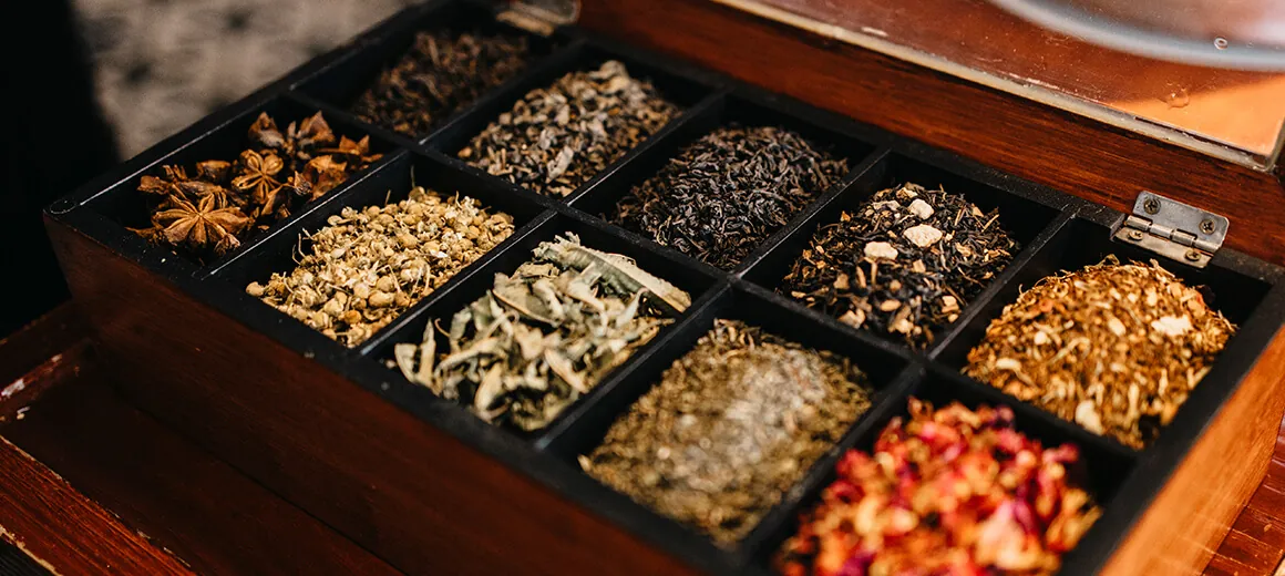 Box of spices and herbs in compartments at Back restaurant in Marbella