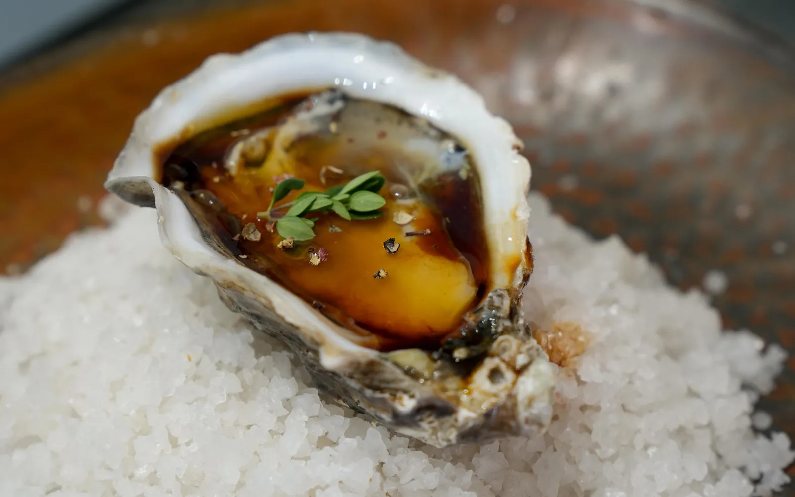 Oyster on coarse salt served at PiCú Seafood in Marbella