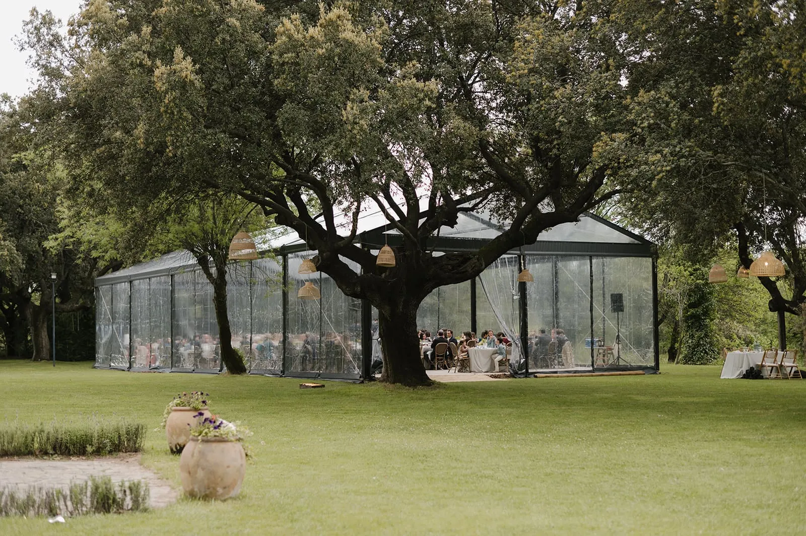 Glass marquee under the oaks of the Dehesa de Abantos