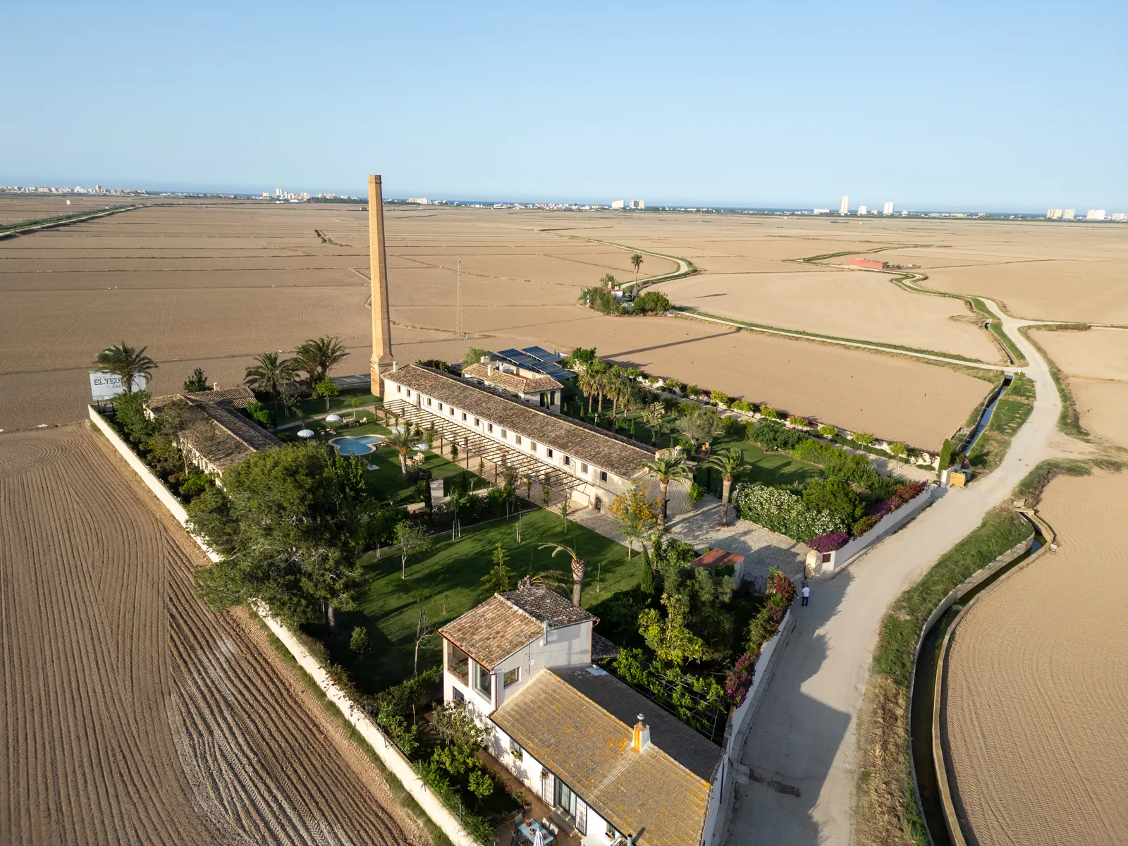 Aerial view of Finca El Teular in the heart of the Albufera rice fields