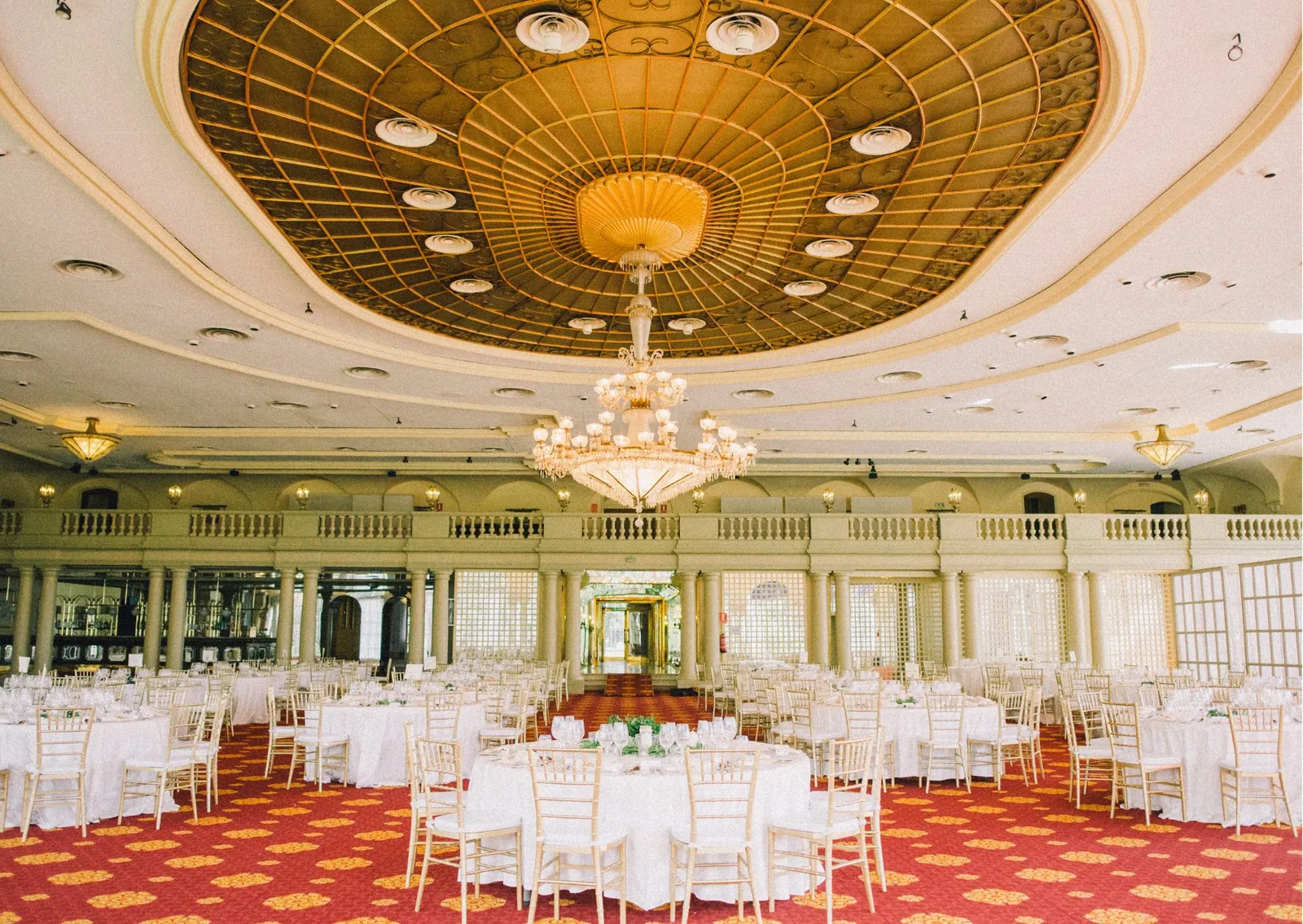 Gold-ceilinged ballroom at Finca Mas Solers near Barcelona for dinners and evenings