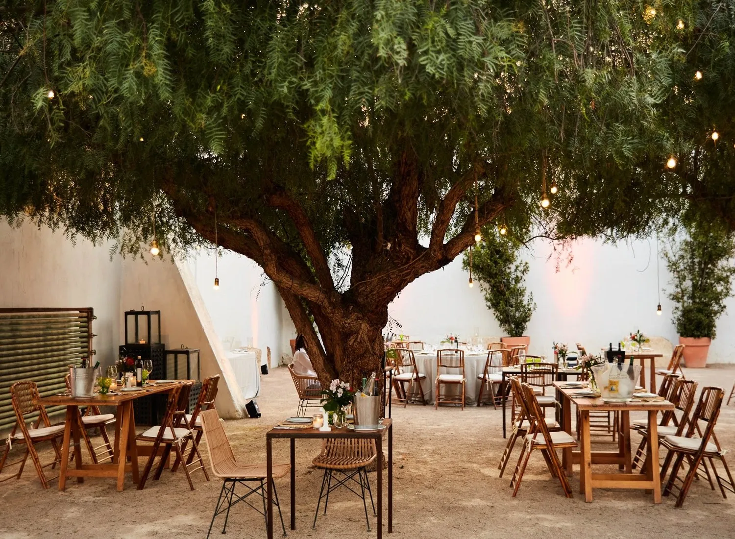 Courtyard of Masía Aldamar near Valencia with a large tree and tables set