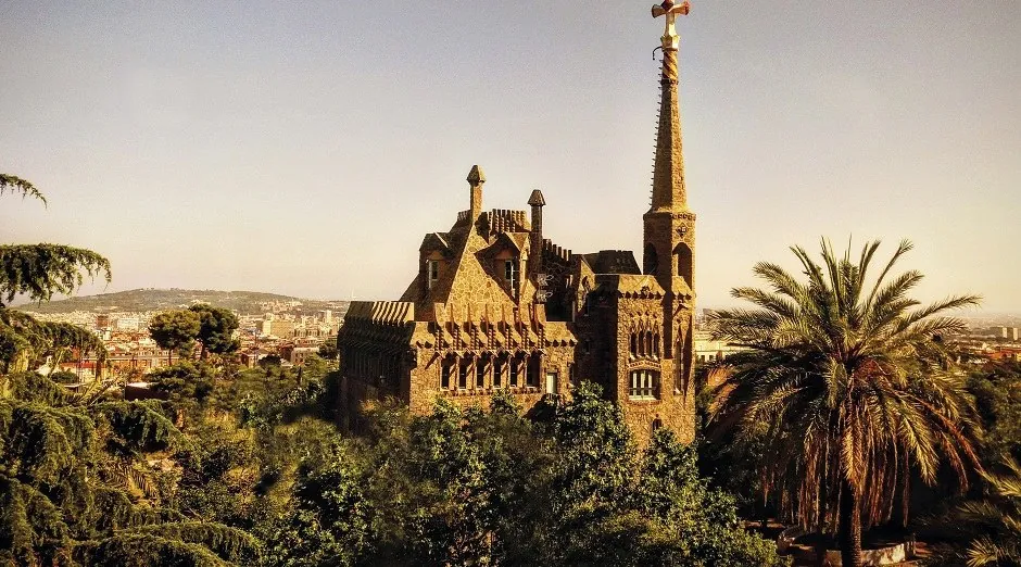 Bellesguard Tower by Antoni Gaudí at sunset, with a view over Barcelona